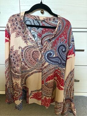 Kobi Halperin Silk Paisley V‑Neck Blouse in Beige, Red and Blue